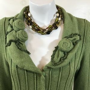 CAbi Cotton Cardigan in Avocado Green with Floral Collar Detail, Small
